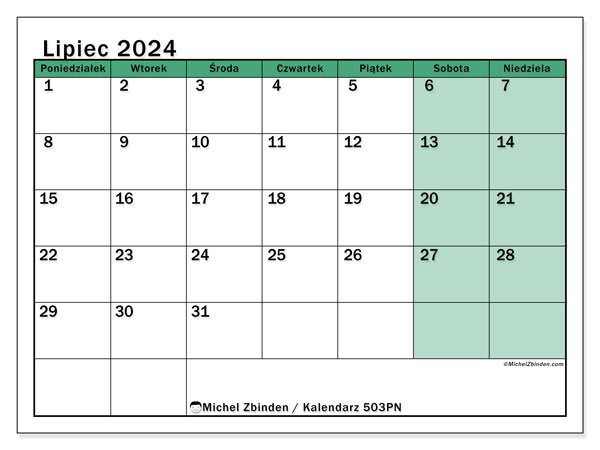 Kalendarz lipiec 2024 “503”. Darmowy program do druku.. Od poniedziałku do niedzieli