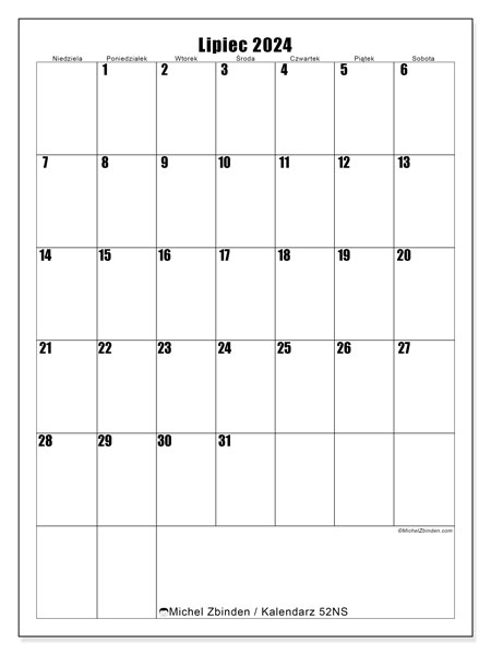 Kalendarz lipiec 2024 “52”. Darmowy plan do druku.. Od niedzieli do soboty