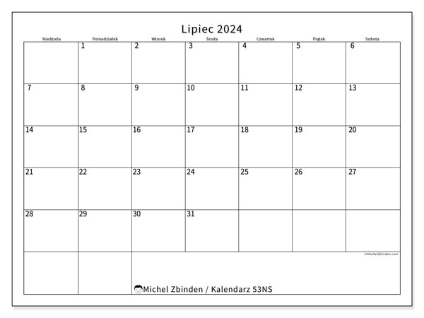 Kalendarz lipiec 2024 “53”. Darmowy dziennik do druku.. Od niedzieli do soboty