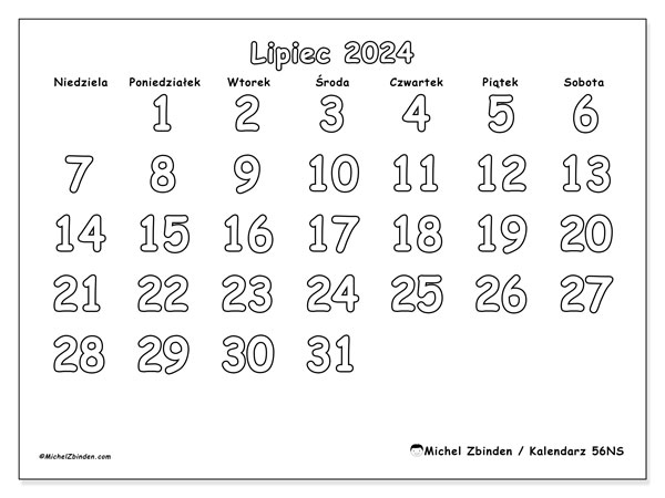 Kalendarz lipiec 2024 “56”. Darmowy dziennik do druku.. Od niedzieli do soboty