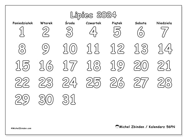 Kalendarz lipiec 2024 “56”. Darmowy dziennik do druku.. Od poniedziałku do niedzieli