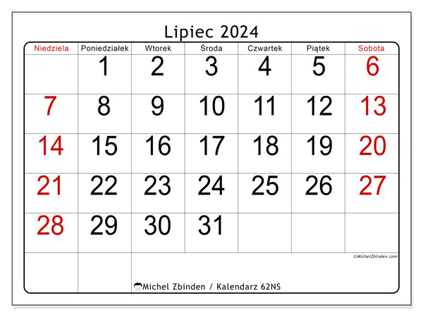 Kalendarz lipiec 2024 “62”. Darmowy dziennik do druku.. Od niedzieli do soboty
