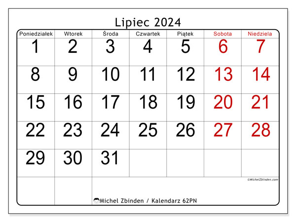 Kalendarz lipiec 2024 “62”. Darmowy dziennik do druku.. Od poniedziałku do niedzieli