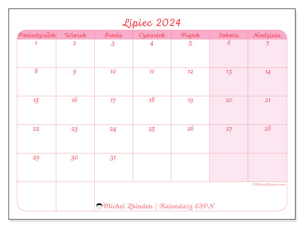 Kalendarz lipiec 2024 “63”. Darmowy dziennik do druku.. Od poniedziałku do niedzieli