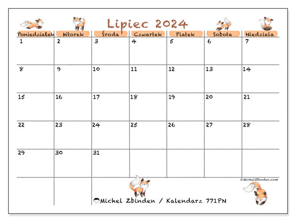 Kalendarz lipiec 2024 “771”. Darmowy dziennik do druku.. Od poniedziałku do niedzieli