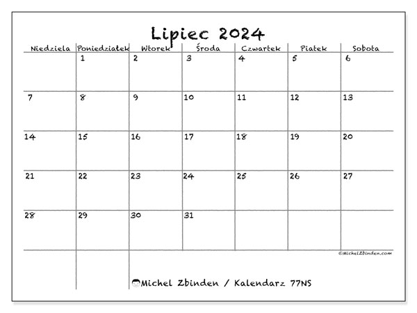 Kalendarz lipiec 2024 “77”. Darmowy terminarz do druku.. Od niedzieli do soboty