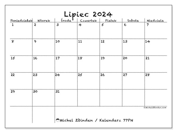Kalendarz lipiec 2024 “77”. Darmowy terminarz do druku.. Od poniedziałku do niedzieli