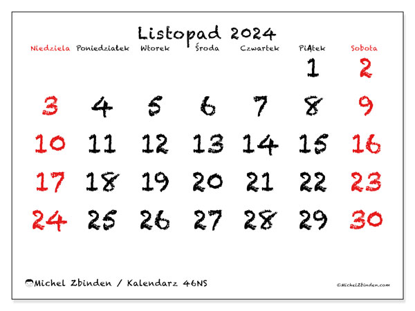 Kalendarz listopad 2024, 46NS. Darmowy dziennik do druku.