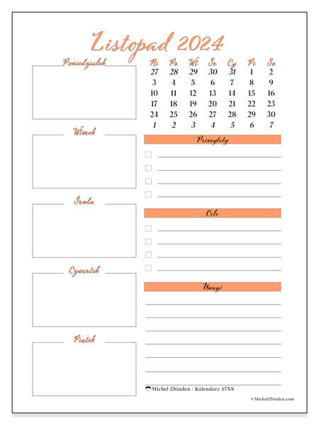 Kalendarz listopad 2024 “47”. Darmowy kalendarz do druku.. Od niedzieli do soboty