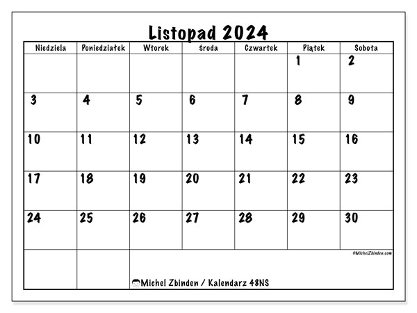 Kalendarz listopad 2024 “48”. Darmowy plan do druku.. Od niedzieli do soboty