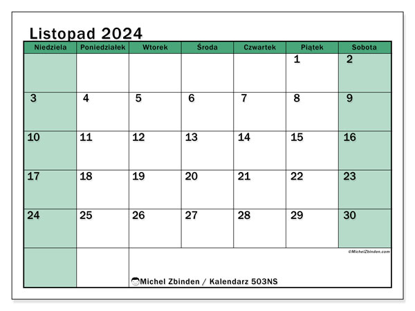Kalendarz listopad 2024 “503”. Darmowy kalendarz do druku.. Od niedzieli do soboty