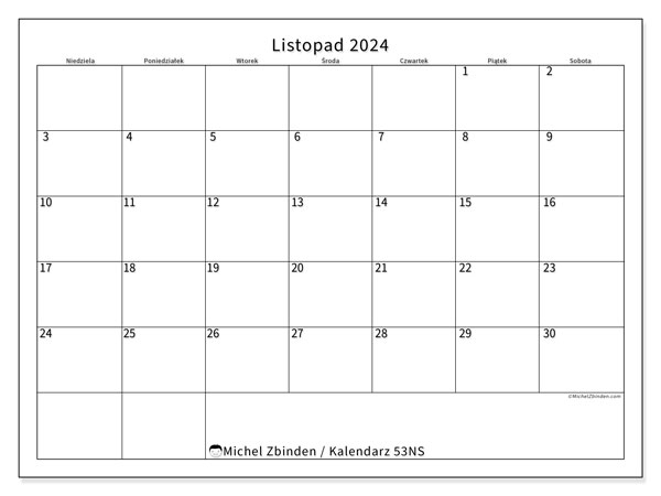 Kalendarz listopad 2024 “53”. Darmowy plan do druku.. Od niedzieli do soboty