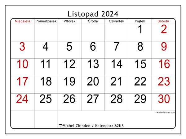 Kalendarz listopad 2024 “62”. Darmowy plan do druku.. Od niedzieli do soboty