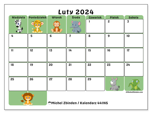 Kalendarz luty 2024 “441”. Darmowy dziennik do druku.. Od niedzieli do soboty