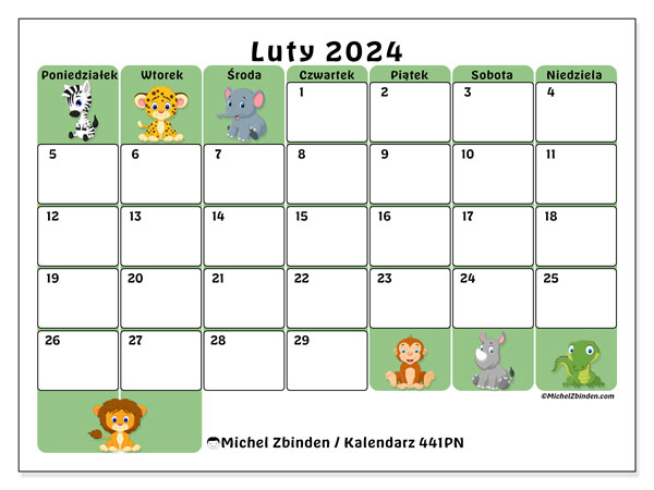 Kalendarz luty 2024 “441”. Darmowy dziennik do druku.. Od poniedziałku do niedzieli