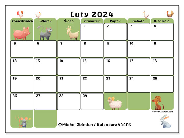 Kalendarz luty 2024, 444NS. Darmowy terminarz do druku.