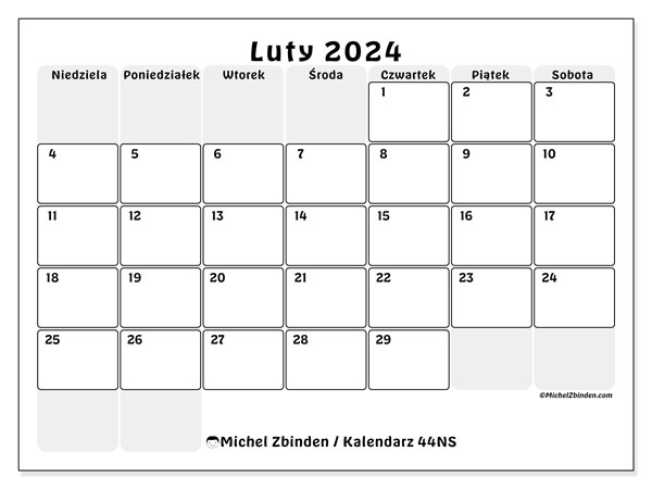 Kalendarz luty 2024 “44”. Darmowy kalendarz do druku.. Od niedzieli do soboty