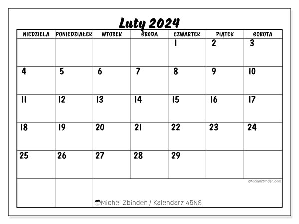 Kalendarz luty 2024, 45NS. Darmowy dziennik do druku.