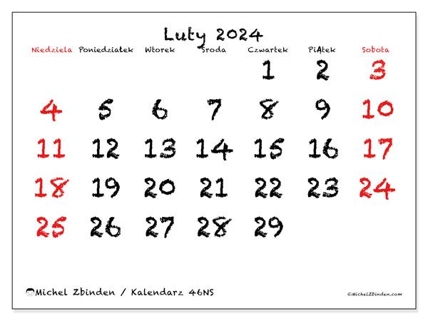 Kalendarz luty 2024, 46NS. Darmowy dziennik do druku.