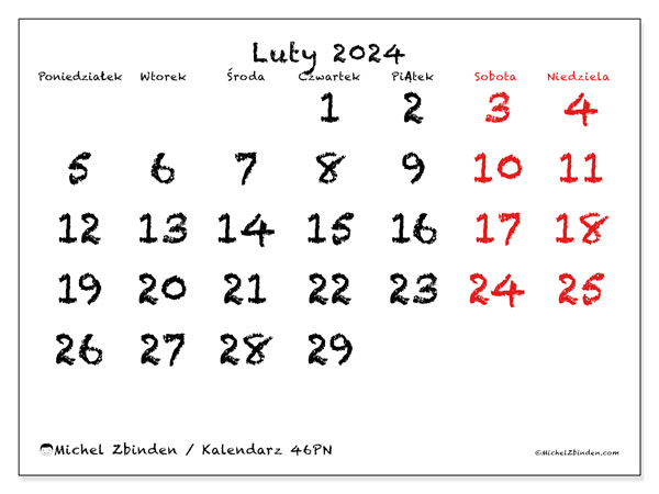 Kalendarz luty 2024 “46”. Darmowy dziennik do druku.. Od poniedziałku do niedzieli