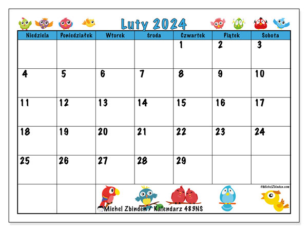 Kalendarz luty 2024 “483”. Darmowy plan do druku.. Od niedzieli do soboty