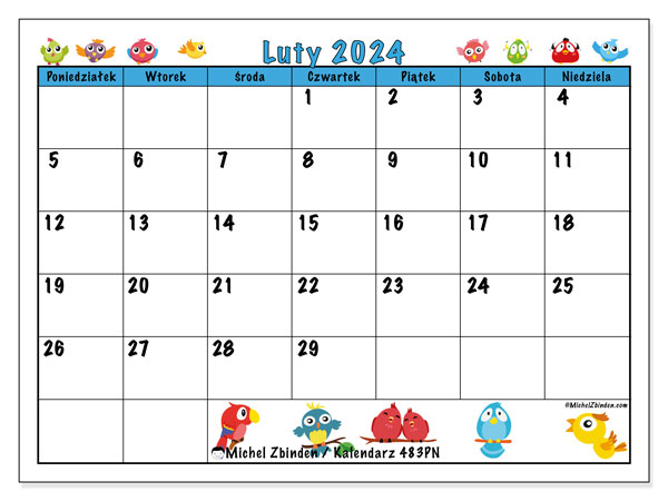 Kalendarz luty 2024 “483”. Darmowy plan do druku.. Od poniedziałku do niedzieli