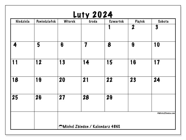 Kalendarz luty 2024 “48”. Darmowy plan do druku.. Od niedzieli do soboty