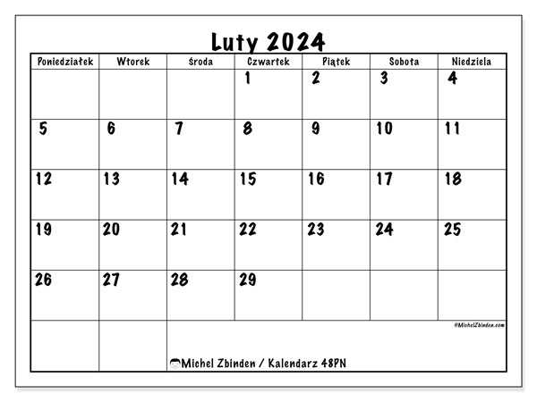 Kalendarz luty 2024 “48”. Darmowy plan do druku.. Od poniedziałku do niedzieli