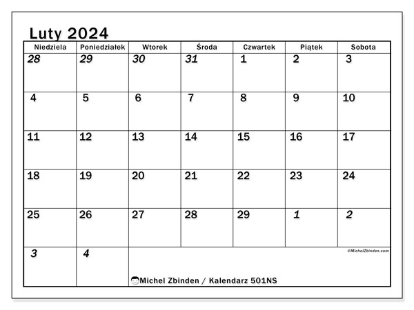 Kalendarz do druku, luty 2024, 501NS