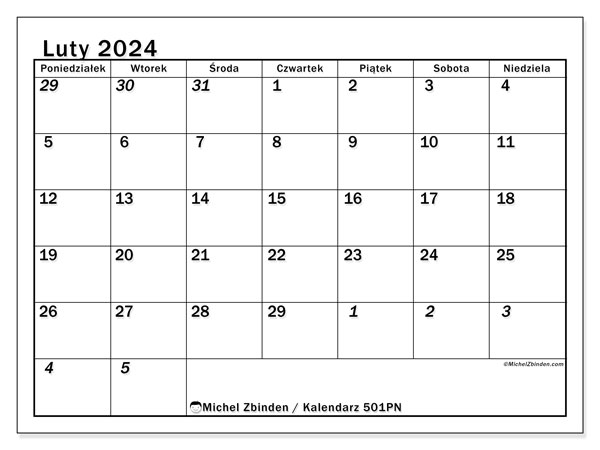Kalendarz luty 2024, 501NS. Darmowy dziennik do druku.