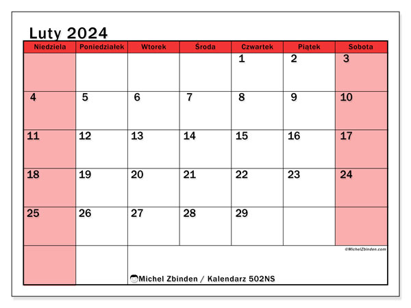 Kalendarz luty 2024 “502”. Darmowy program do druku.. Od niedzieli do soboty