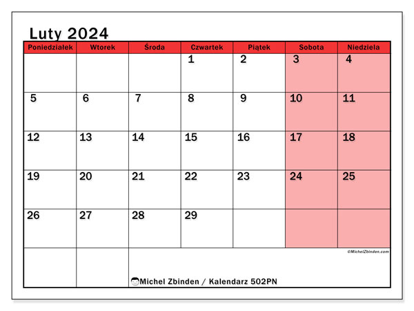Kalendarz luty 2024 “502”. Darmowy program do druku.. Od poniedziałku do niedzieli