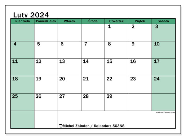 Kalendarz luty 2024, 503NS. Darmowy dziennik do druku.