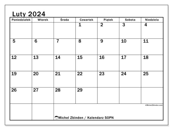 50PN, kalendarz luty 2024, do druku, bezpłatny.
