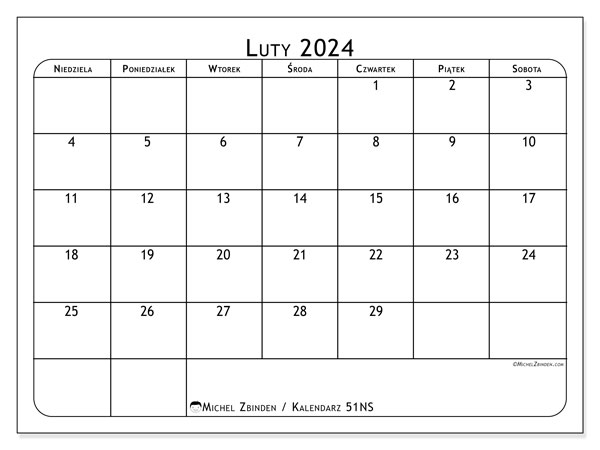Kalendarz luty 2024 “51”. Darmowy dziennik do druku.. Od niedzieli do soboty