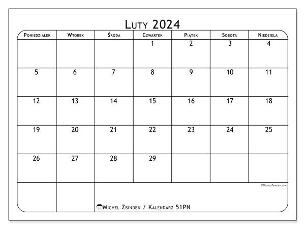 Kalendarz luty 2024 “51”. Darmowy dziennik do druku.. Od poniedziałku do niedzieli