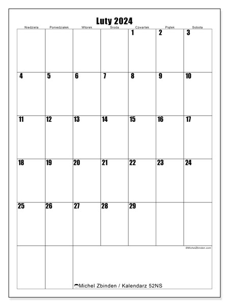 Kalendarz luty 2024, 52NS. Darmowy dziennik do druku.