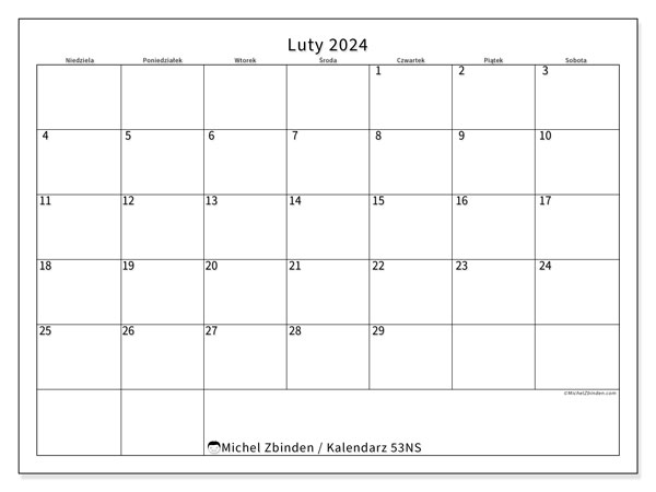 Kalendarz luty 2024 “53”. Darmowy plan do druku.. Od niedzieli do soboty