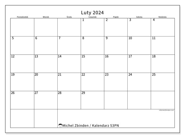 Kalendarz luty 2024, 53NS. Darmowy dziennik do druku.