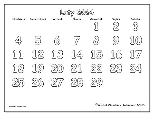 Kalendarz luty 2024 “56”. Darmowy plan do druku.. Od niedzieli do soboty