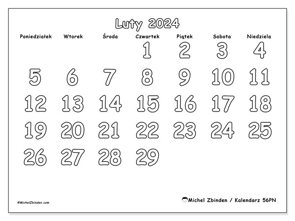 Kalendarz luty 2024 “56”. Darmowy plan do druku.. Od poniedziałku do niedzieli
