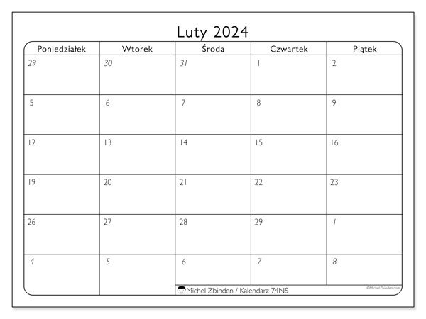 Kalendarz Luty 2024 74ns 