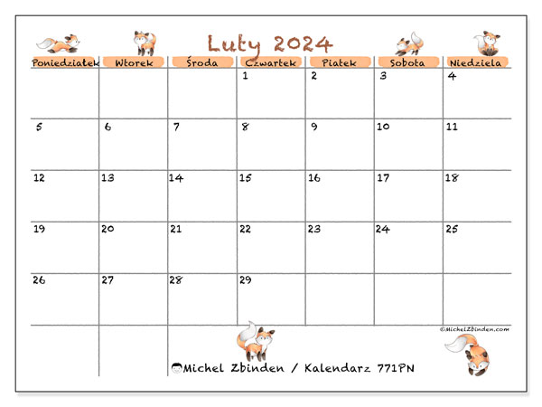 Kalendarz do druku, luty 2024, 771PN