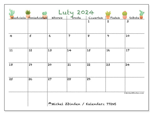 Kalendarz luty 2024 “772”. Darmowy program do druku.. Od niedzieli do soboty