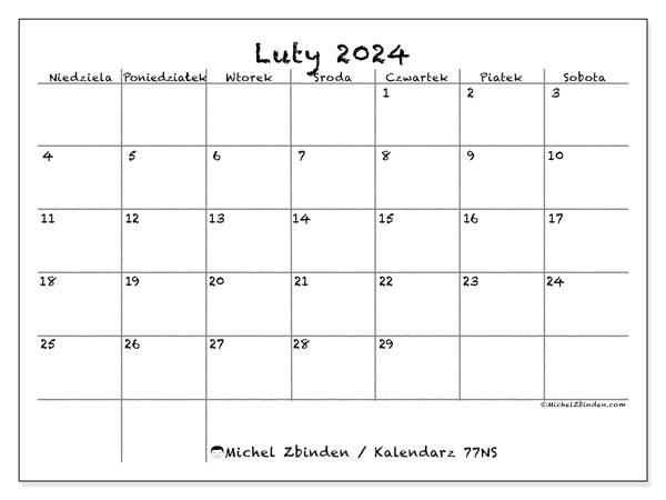 Kalendarz luty 2024 “77”. Darmowy dziennik do druku.. Od niedzieli do soboty