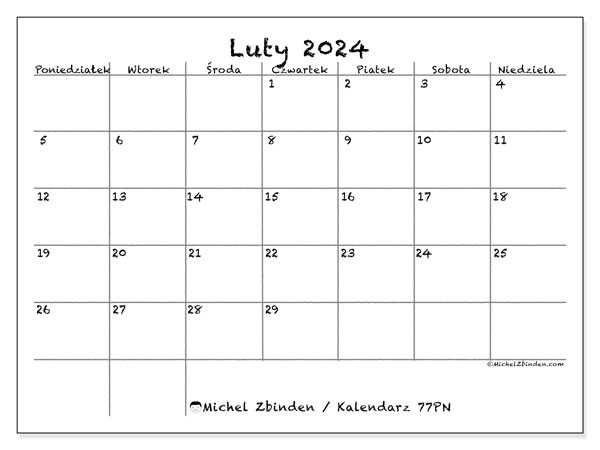 Kalendarz luty 2024 “77”. Darmowy dziennik do druku.. Od poniedziałku do niedzieli