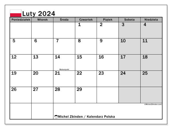 Kalenteri helmikuu 2024, Puola (PL). Ilmainen tulostettava kalenteri.