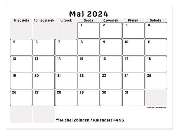 Kalendarz maj 2024 “44”. Darmowy kalendarz do druku.. Od niedzieli do soboty