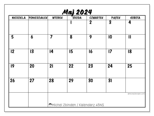 Kalendarz maj 2024 “45”. Darmowy plan do druku.. Od niedzieli do soboty