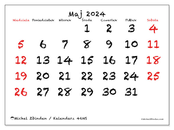 Kalendarz maj 2024 “46”. Darmowy terminarz do druku.. Od niedzieli do soboty